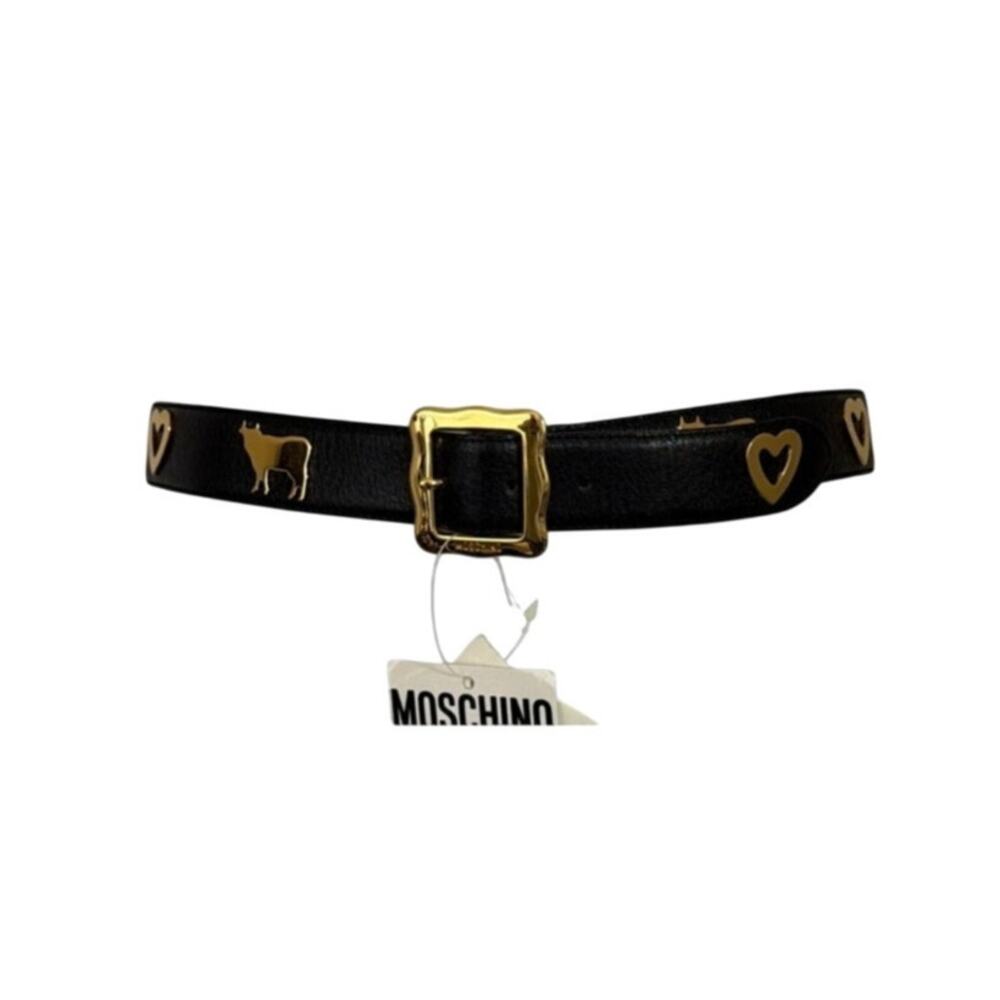 moschino redwall leather belt italy gold tone cows hearts Size 44 US Large New